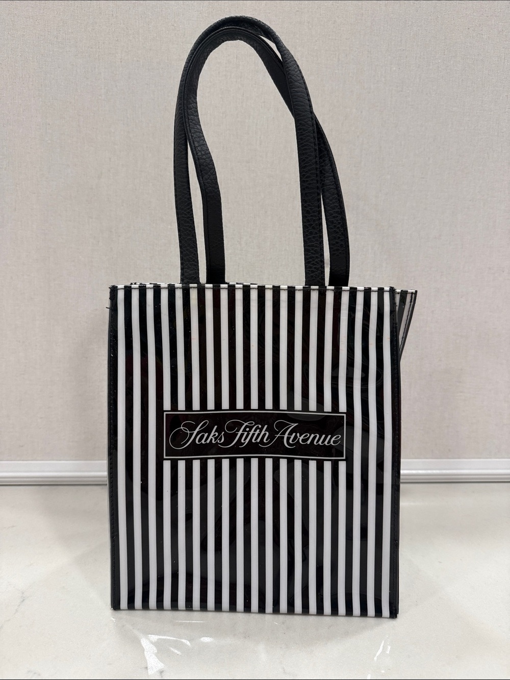 Saks Fifth Avenue Black and White Striped Vinyl Tote